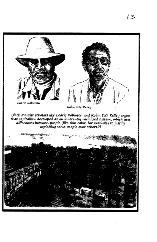 (=3  Robin DG, Kelley  Black Maraist scholars like Cedric Robinson and Robin D.G. Kelley argue that capitalism developed as an inherently racialized system, which uses  differences between people (iike skin color, for example) to justify exploiting some people over others 1  